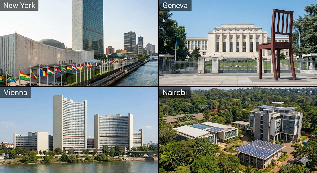 联合国总部级中心与主要办事处示意图